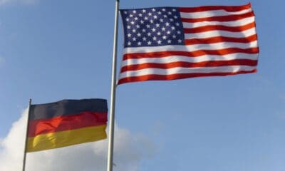 Germany and USA flags as the New England Patriots head back to America after a loss in Frankfurt