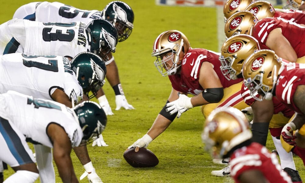 San Francisco 49ers center Ben Garland (63) prepares to snap the ball at the line of scrimmage against the Philadelphia Eagles during an NFL football game in Santa Clara, Calif., Sunday, Oct. 4, 2020. (AP Photo/Tony Avelar)