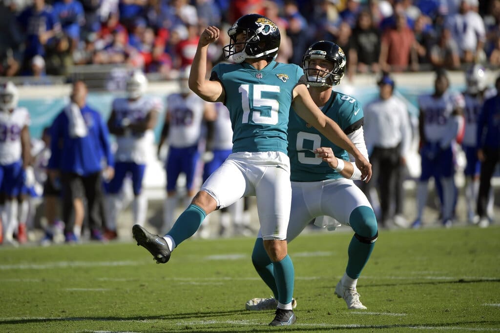 Jacksonville Jaguars place kicker Matthew Wright (15) watches his kick for the go ahead score against the Buffalo Bills during the second half of an NFL football game, Sunday, Nov. 7, 2021, in Jacksonville, Fla. (AP Photo/Phelan M. Ebenhack)