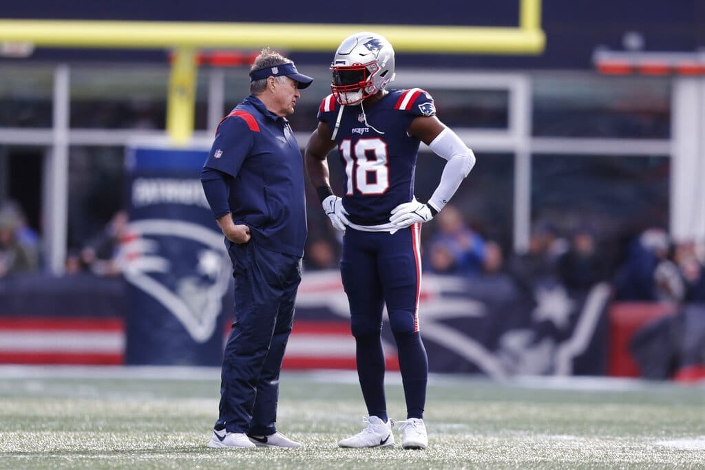 New England Patriots wide receiver Matthew Slater (18) talks with head coach Bill Belichick prior to an NFL football game, Sunday, Jan. 1, 2023, in Foxborough, Mass. (AP Photo/Michael Dwyer)