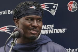 New England Patriots cornerback Jonathan Jones speaks with reporters following an NFL football practice, Thursday, July 27, 2023, in Foxborough, Mass. (AP Photo/Steven Senne)