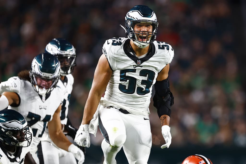 Philadelphia Eagles linebacker Christian Elliss (53) reacts after a tackle against the Cleveland Browns during the first half of an NFL pre-season football game, Thursday, Aug. 17, 2023, in Philadelphia. (AP Photo/Rich Schultz)