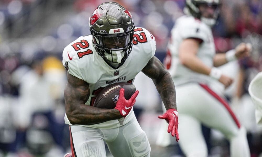 Tampa Bay Buccaneers running back Ke'Shawn Vaughn runs with the ball against the Houston Texans during the first half of an NFL football game, Sunday, Nov. 5, 2023, in Houston. (AP Photo/Eric Gay)