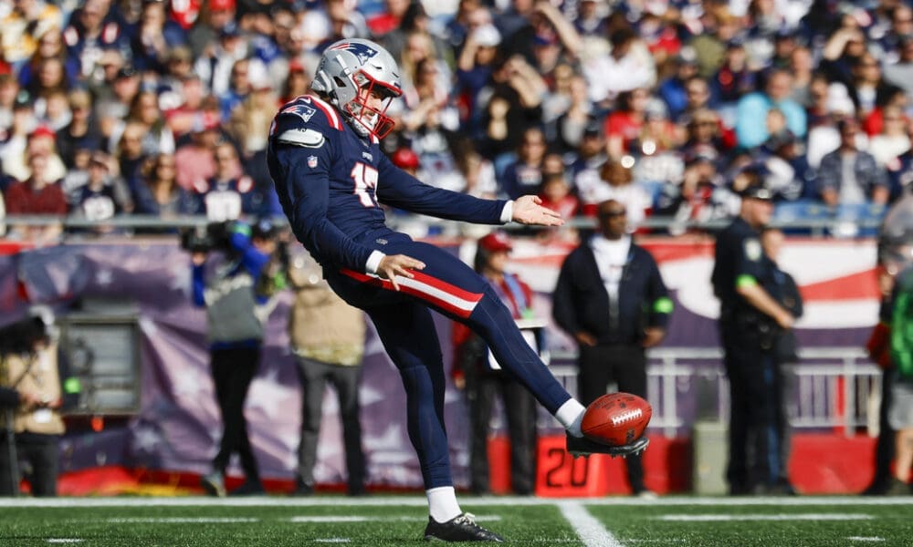 New England Patriots punter Bryce Baringer (17) punts the ball during the first half of an NFL football game Washington Commanders on Sunday, Nov. 5, 2023, in Foxborough, Mass. (AP Photo/Greg M. Cooper)