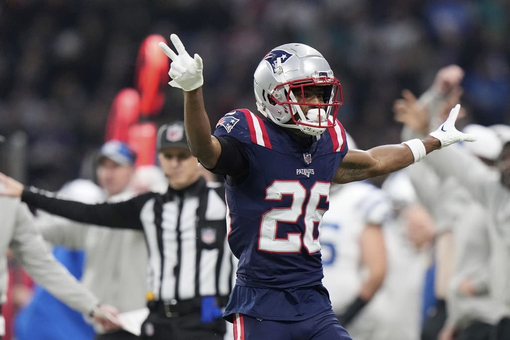 New England Patriots cornerback Shaun Wade (26) celebrates an incomplete pass while taking on the Indianapolis Colts during an NFL football game at Deutsche Bank Park Stadium in Frankfurt, Germany, Sunday, Nov. 12, 2023. The Colts defeated the Patriots 10-6. (AP Photo/Doug Benc)