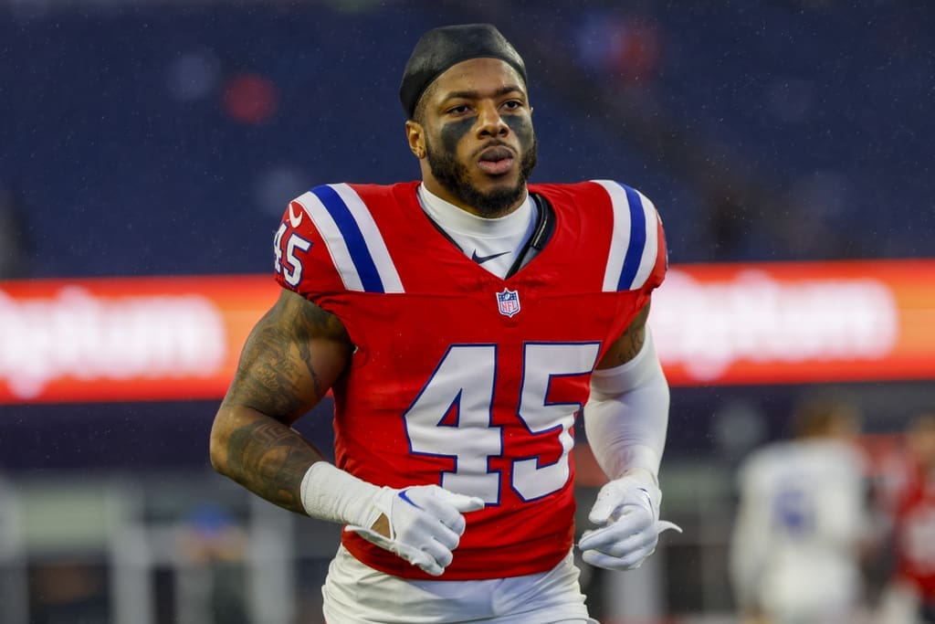 New England Patriots linebacker Chris Board (45) reacts after being defeated by the Los Angeles Chargers 6-0 in an NFL football game on Sunday, Dec. 3, 2023, in Foxborough, Mass. He received the team's highest grade by Pro Football Focus in Week 14 against Pittsburgh. (AP Photo/Greg M. Cooper)