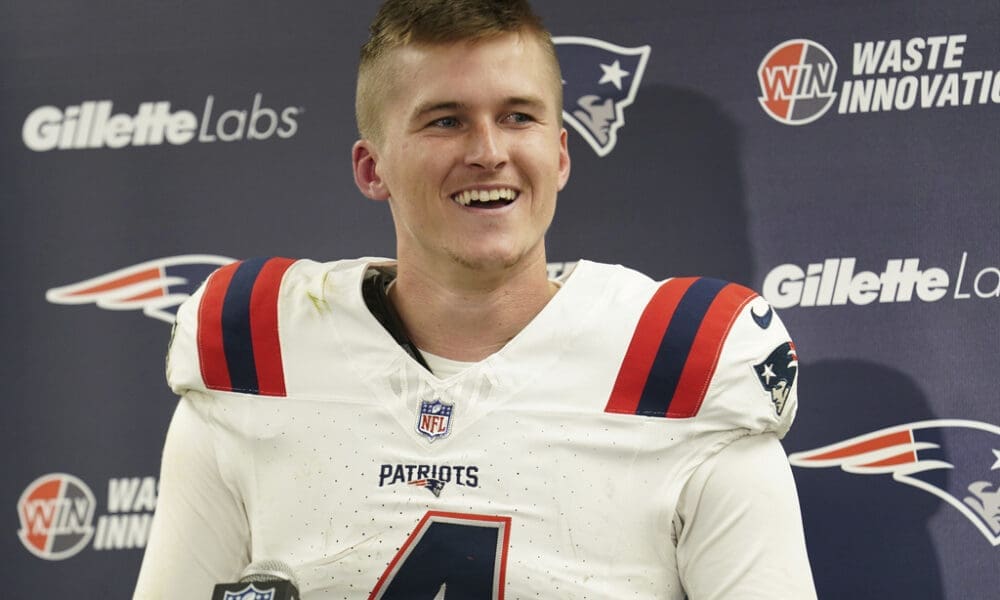 New England Patriots quarterback Bailey Zappe speaks during a news conference following an NFL football game against the Pittsburgh Steelers Thursday, Dec. 7, 2023, in Pittsburgh. The Patriots won 21-18. (AP Photo/Matt Freed)
