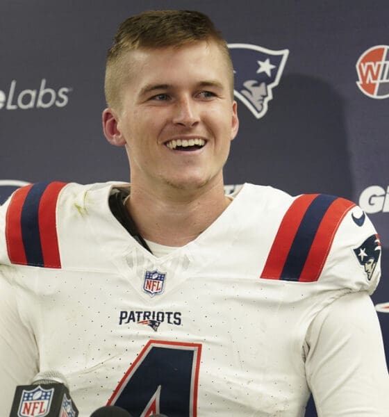 New England Patriots quarterback Bailey Zappe speaks during a news conference following an NFL football game against the Pittsburgh Steelers Thursday, Dec. 7, 2023, in Pittsburgh. The Patriots won 21-18. (AP Photo/Matt Freed)