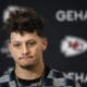 Kansas City Chiefs quarterback Patrick Mahomes speaks during a news conference following an NFL football game against the Buffalo Bills Sunday, Dec. 10, 2023, in Kansas City, Mo. The Bills won 20-17 (AP Photo/Charlie Riedel)