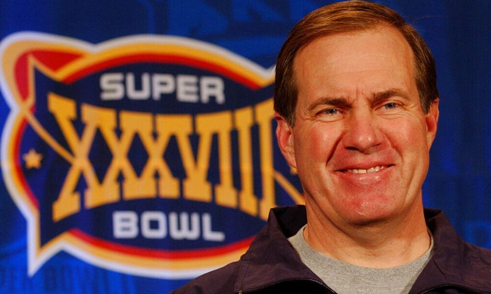 New England Patriots coach Bill Belichick takes questions during a news conference in Houston, Thursday, Jan. 29, 2004. The Patroits will face the Carolina Panthers in Super Bowl XXXVIII, on Sunday, Feb. 1, in Houston. (AP Photo/Eric Gay)