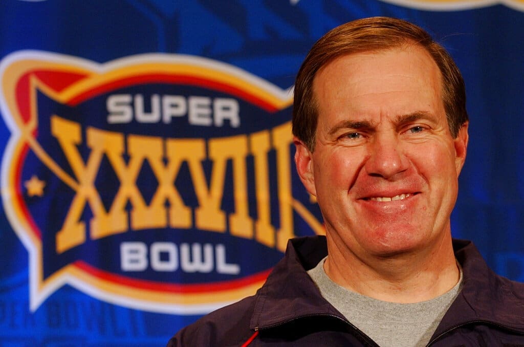 New England Patriots coach Bill Belichick takes questions during a news conference in Houston, Thursday, Jan. 29, 2004. The Patroits will face the Carolina Panthers in Super Bowl XXXVIII, on Sunday, Feb. 1, in Houston. (AP Photo/Eric Gay)
