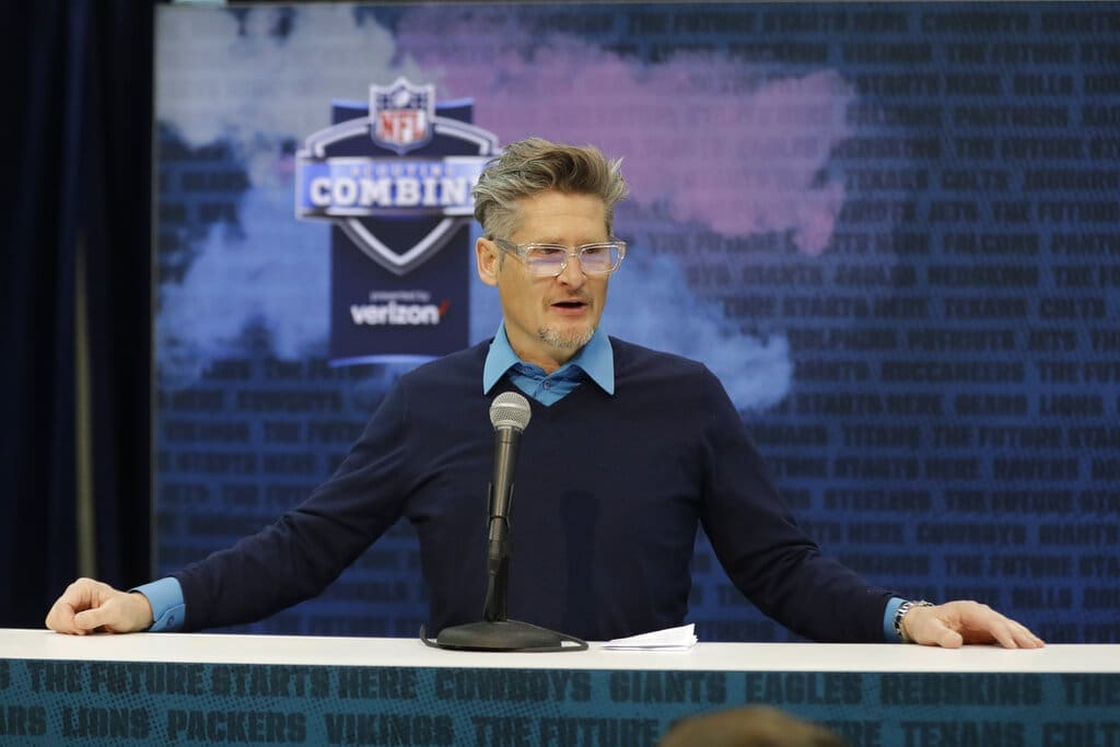 Atlanta Falcons general manager Thomas Dimitroff speaks during a press conference at the NFL football scouting combine, Wednesday, Feb. 27, 2019, in Indianapolis. Could he be the next GM for the New England Patriots? (AP Photo/Darron Cummings)
