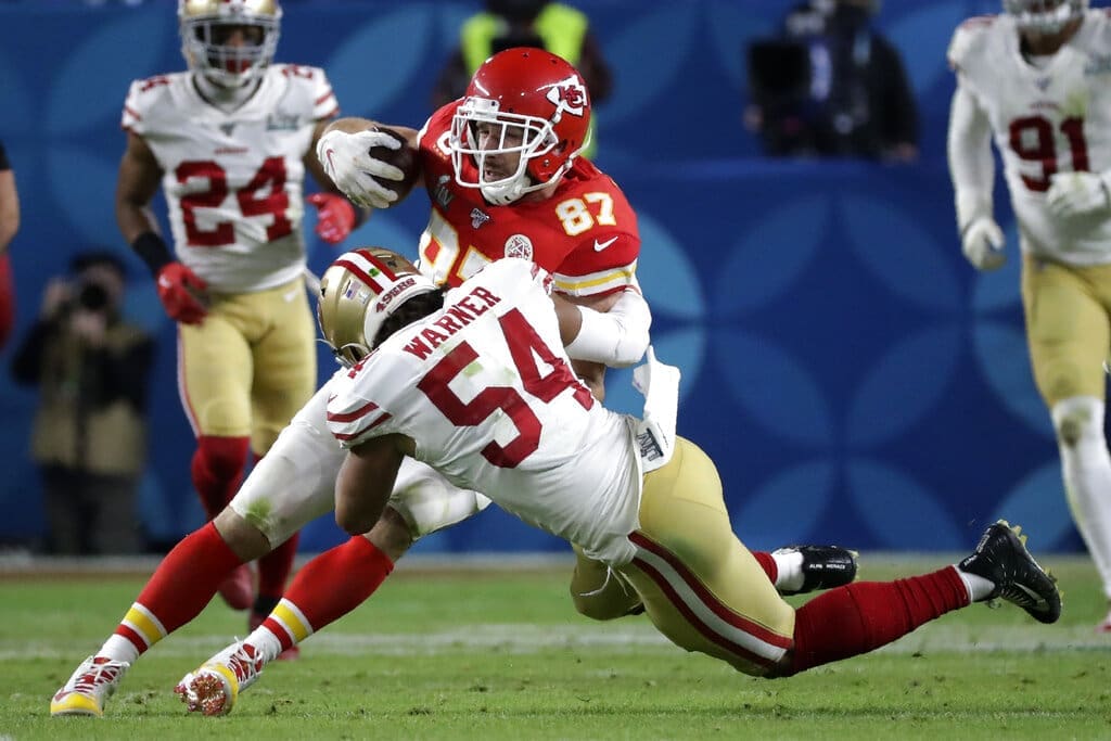 Kansas City Chiefs' Travis Kelce (87) is tackled by San Francisco 49ers' Fred Warner (54) during the second half of the NFL Super Bowl 54 football game Sunday, Feb. 2, 2020, in Miami Gardens, Fla. (AP Photo/Wilfredo Lee)