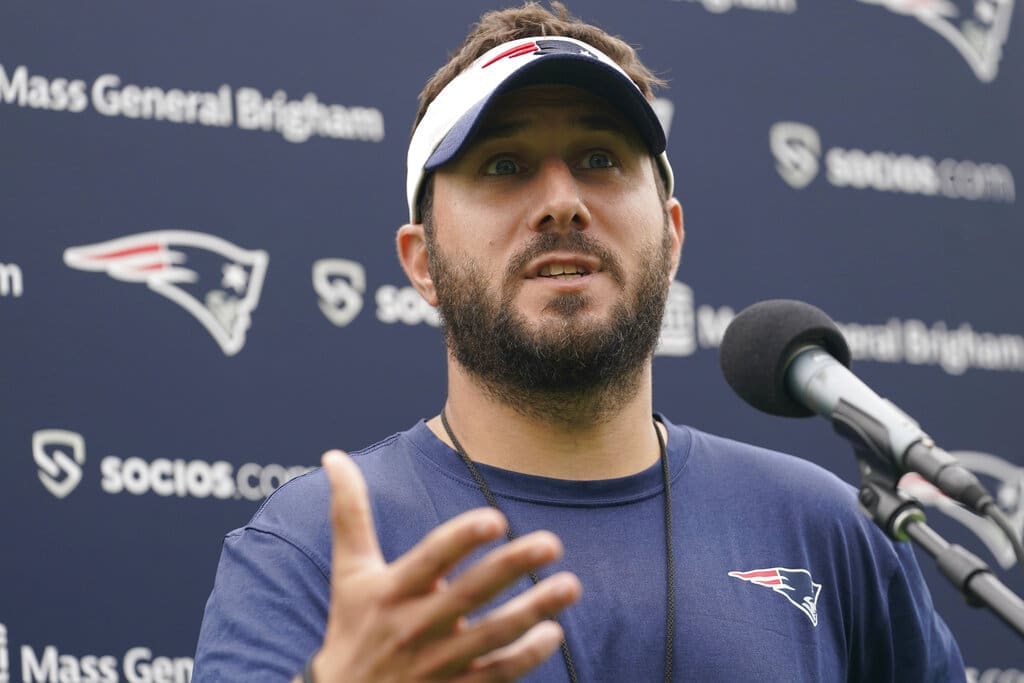 New England Patriots tight ends and full backs coach Nick Caley faces reporters following an NFL football practice, Wednesday, Aug. 4, 2021, in Foxborough, Mass. (AP Photo/Steven Senne)