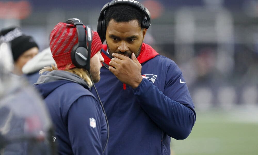 New England Patriots coaches Steve Belichick, left, and Jerod Mayo, right, against Jacksonville Jaguars during an NFL football game against the Sunday, Jan. 2, 2022, in Foxborough, Mass. (AP Photo/Paul Connors)