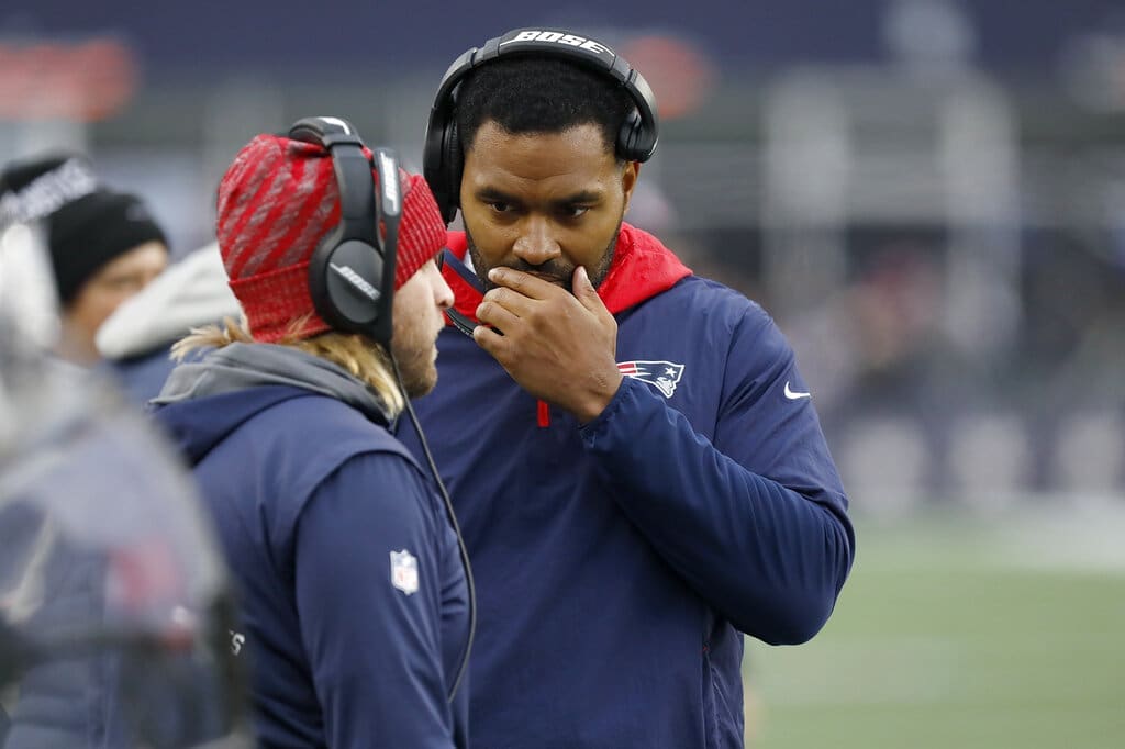New England Patriots coaches Steve Belichick, left, and Jerod Mayo, right, against Jacksonville Jaguars during an NFL football game against the Sunday, Jan. 2, 2022, in Foxborough, Mass. (AP Photo/Paul Connors)