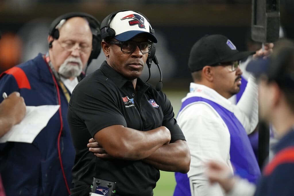 West head coach and New England Patriots wide receiver and kickoff returners coach Troy Brown watches before the East-West Shrine Bowl NCAA college football game Thursday, Feb. 2, 2023, in Las Vegas. (AP Photo/John Locher)