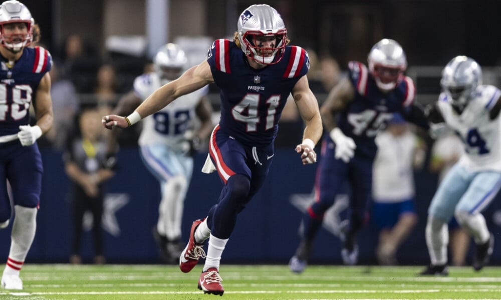 New England Patriots safety Brenden Schooler (41) is seen during an NFL football game against the Dallas Cowboys, Sunday, Oct. 1, 2023, in Arlington, Texas. Dallas won 38-3. (AP Photo/Brandon Wade)