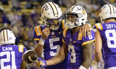 NFL Draft prospects: LSU wide receiver Malik Nabers (8) celebrates after his touchdown with quarterback Jayden Daniels (5) during the first half of an NCAA college football game against Georgia State in Baton Rouge, La., Saturday, Nov. 18, 2023. (AP Photo/Matthew Hinton)