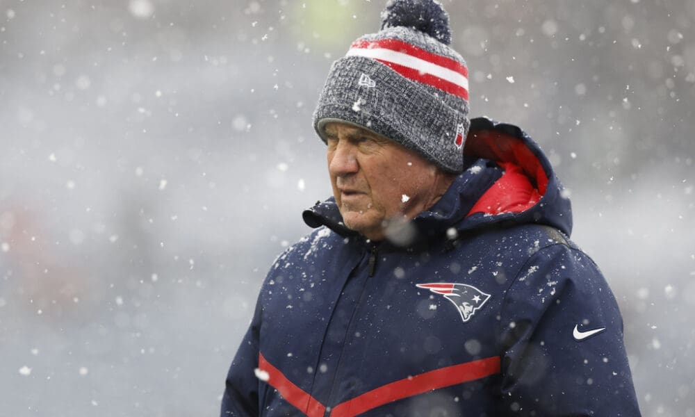 New England Patriots head coach Bill Belichick walks on the field during warm ups prior to an NFL football game against the New York Jets, Sunday, Jan. 7, 2024, in Foxborough, Mass. (AP Photo/Michael Dwyer)