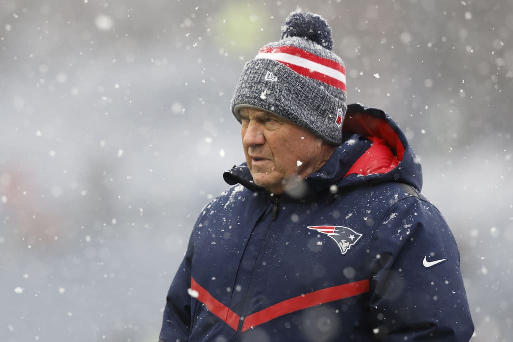 New England Patriots head coach Bill Belichick walks on the field during warm ups prior to an NFL football game against the New York Jets, Sunday, Jan. 7, 2024, in Foxborough, Mass. (AP Photo/Michael Dwyer)