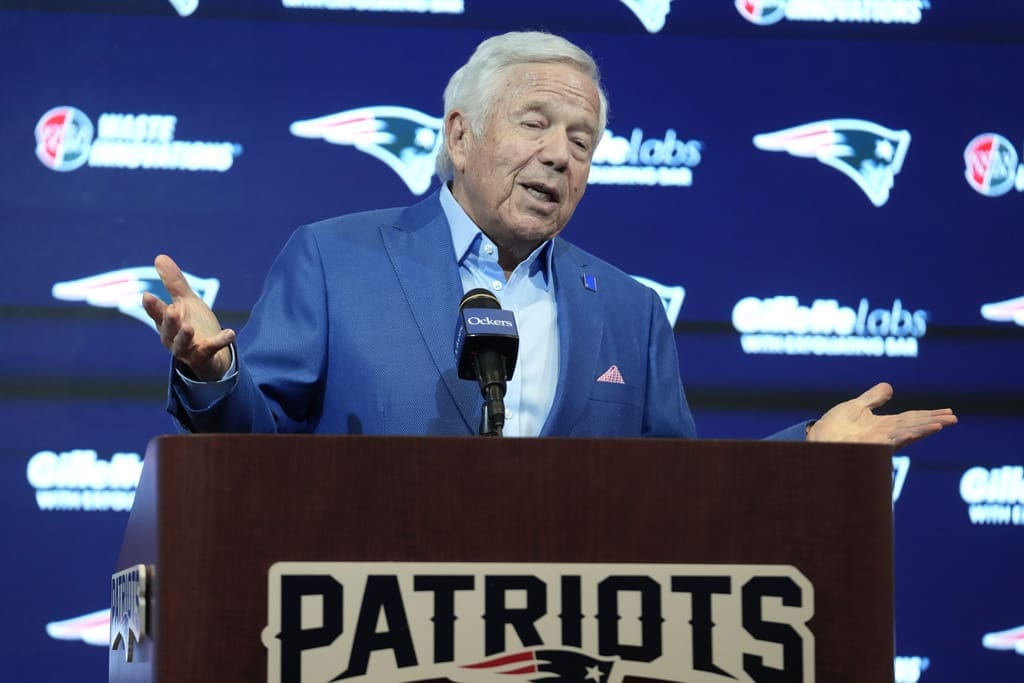 New England Patriots team owner Robert Kraft faces reporters Thursday, Jan. 11, 2024, in Foxborough, Mass., during an NFL football news conference held to discuss the departure of former Patriots head coach Bill Belichick. Belichick's departure brings to an end to his 24-year tenure as the architect of the most decorated dynasty of the league's Super Bowl era. (AP Photo/Steven Senne)