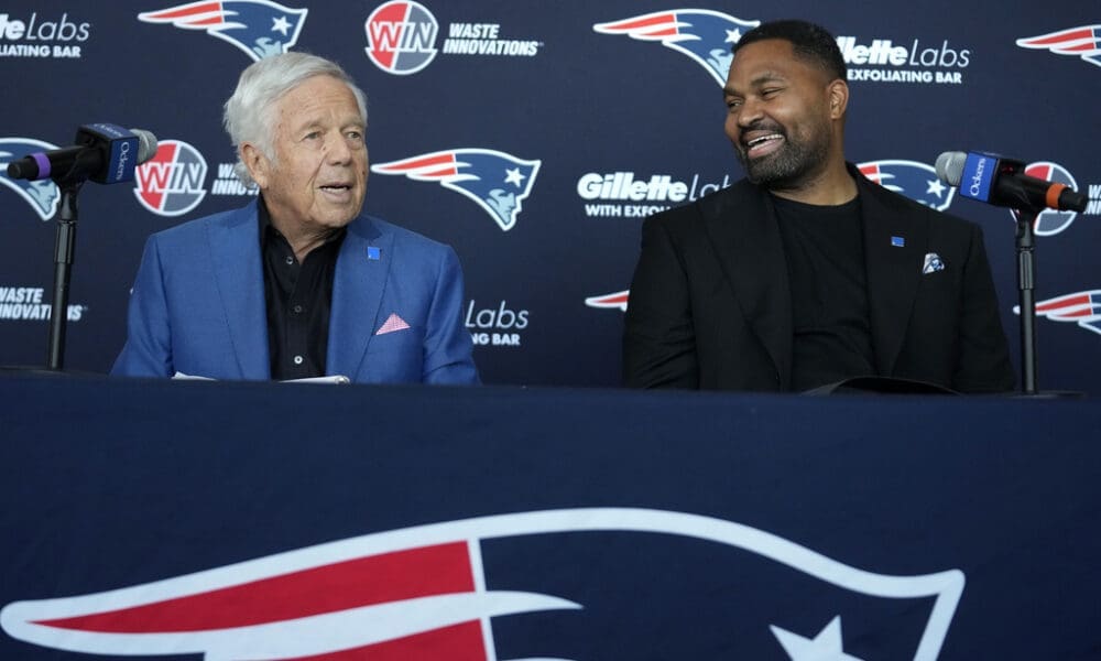 New England Patriots owner Robert Kraft, left, and newly-named Patriots head coach Jerod Mayo face reporters Wednesday, Jan. 17, 2024, during an NFL football news conference, in Foxborough, Mass. Mayo succeeds Bill Belichick as the franchise's 15th head coach. (AP Photo/Steven Senne)