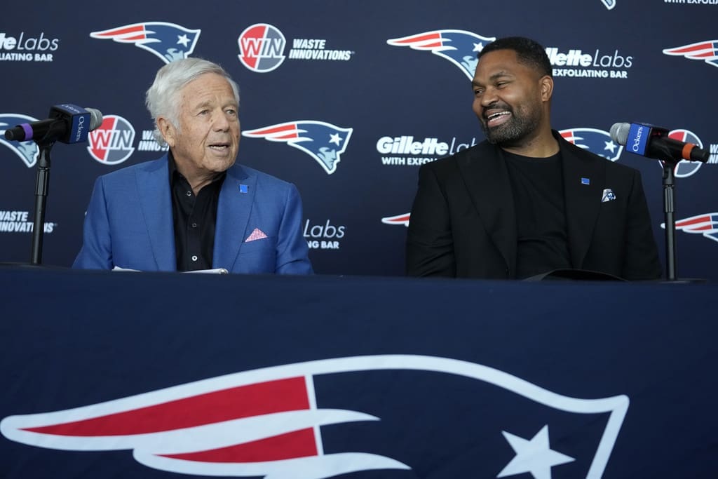 New England Patriots owner Robert Kraft, left, and newly-named Patriots head coach Jerod Mayo face reporters Wednesday, Jan. 17, 2024, during an NFL football news conference, in Foxborough, Mass. Mayo succeeds Bill Belichick as the franchise's 15th head coach. (AP Photo/Steven Senne)