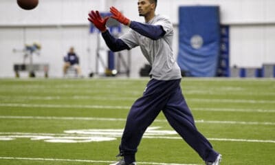 New England Patriots wide receiver Tiquan Underwood catches a pass during practice on Friday, Feb. 3, 2012, in Indianapolis. The Patriots are scheduled to face the New York Giants in NFL football Super Bowl XLVI on Feb. 5. (AP Photo/Mark Humphrey)