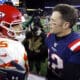 Kansas City Chiefs quarterback Patrick Mahomes, left, and New England Patriots quarterback Tom Brady speak at midfield after an NFL football game, Sunday, Dec. 8, 2019, in Foxborough, Mass. (AP Photo/Steven Senne)