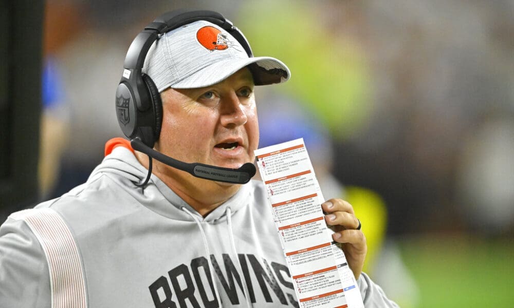 Cleveland Browns offensive coordinator Alex Van Pelt stands on the field during an NFL preseason football game against the Chicago Bears, Saturday, Aug. 27, 2022, in Cleveland. The Bears won 21-20. (AP Photo/David Richard)