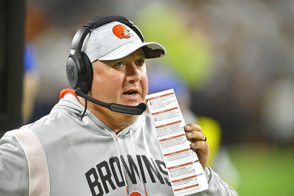 Cleveland Browns offensive coordinator Alex Van Pelt stands on the field during an NFL preseason football game against the Chicago Bears, Saturday, Aug. 27, 2022, in Cleveland. The Bears won 21-20. (AP Photo/David Richard)