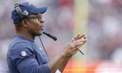 New England Patriots wide receivers coach Troy Brown on the sideline during the second half of an NFL football game against the Baltimore Ravens, Sunday, Sep. 25, 2022, in Foxborough, Mass. (AP Photo/Stew Milne)