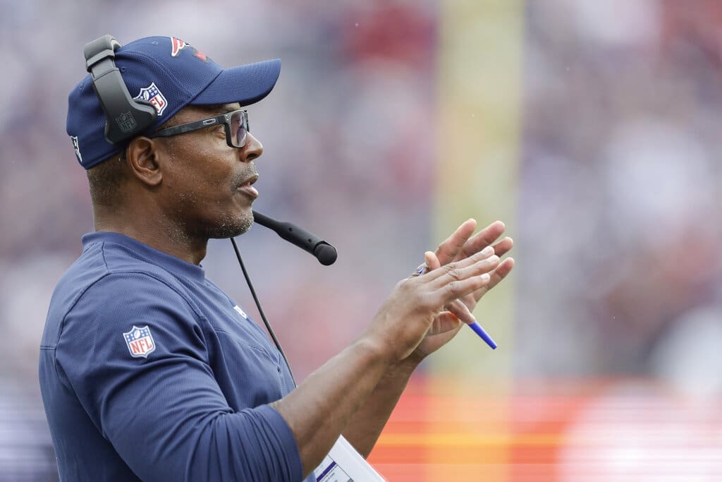New England Patriots wide receivers coach Troy Brown on the sideline during the second half of an NFL football game against the Baltimore Ravens, Sunday, Sep. 25, 2022, in Foxborough, Mass. (AP Photo/Stew Milne)