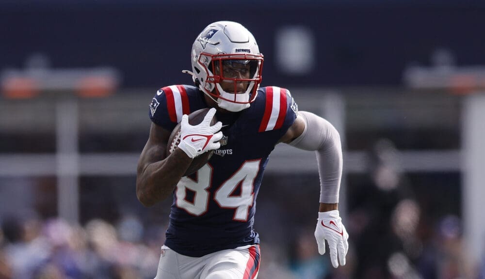 New England Patriots wide receiver Kendrick Bourne (84) during the first half of an NFL football game, Sunday, Oct. 22, 2023, in Foxborough, Mass. (AP Photo/Michael Dwyer)