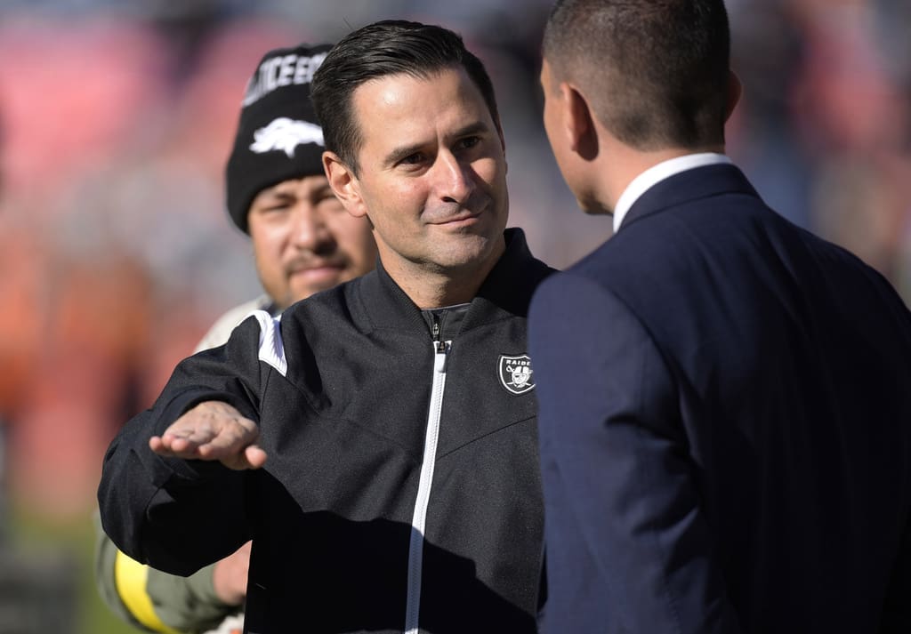 FILE - Las Vegas Raiders general manager Dave Ziegler gestures while chatting before the team's NFL football game against the Denver Broncos on Nov. 20, 2022, in Denver. The Raiders fired coach Josh McDaniels and Ziegler on Tuesday night, Oct. 31, 2023, the club announced. (AP Photo/David Zalubowski, File)