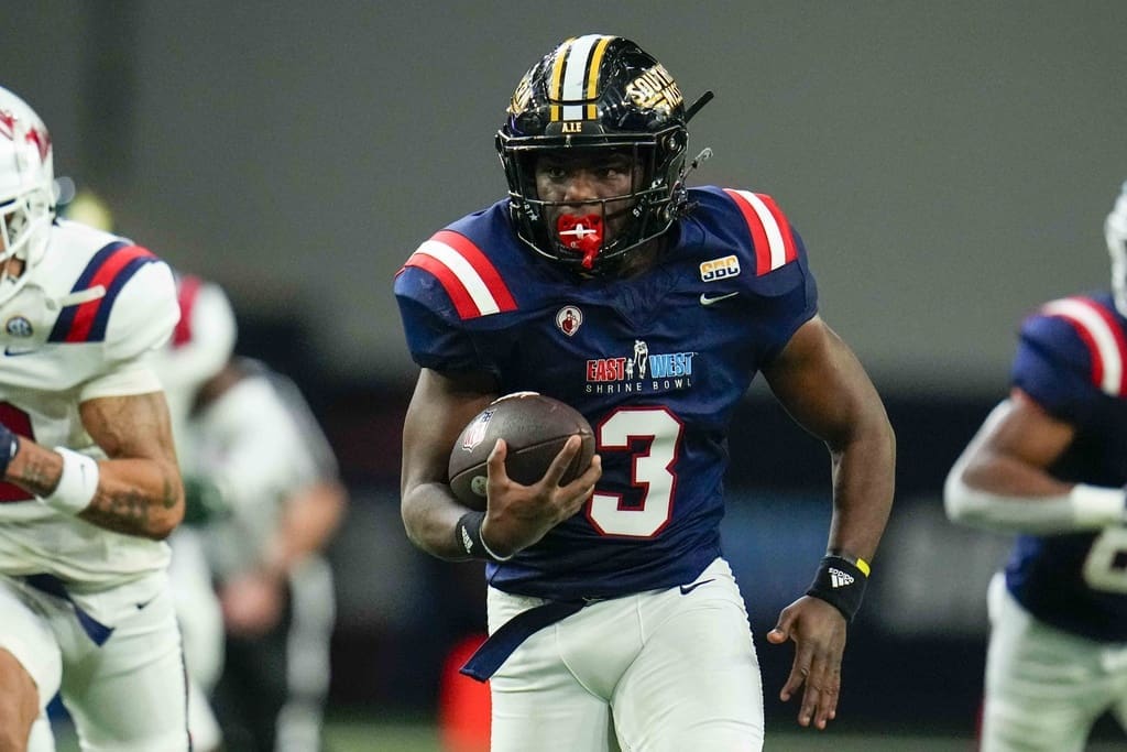 Patriots were keepign on Shrine Bowl players, including West's Frank Gore Jr., of Southern Miss, runs for a touchdown during the first half of the East West Shrine Bowl NCAA college football game in Frisco, Texas, Thursday, Feb. 1, 2024. (AP Photo/Julio Cortez)