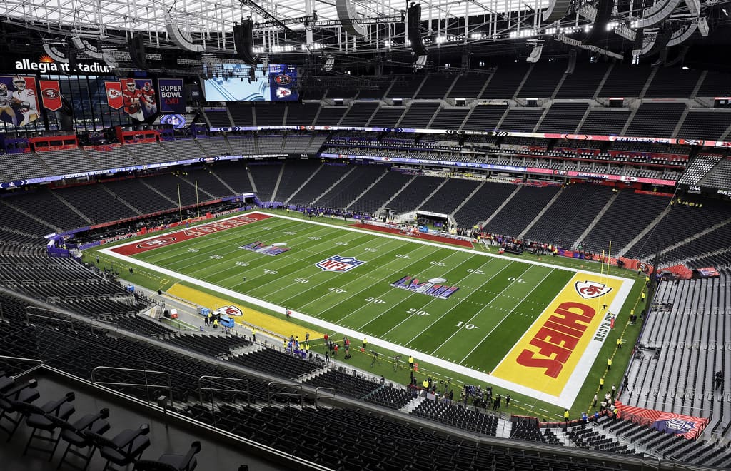 An overall interior general view of Allegiant Stadium before the NFL Super Bowl 58 football game Sunday, Feb. 11, 2024, in Las Vegas. (AP Photo/Adam Hunger)