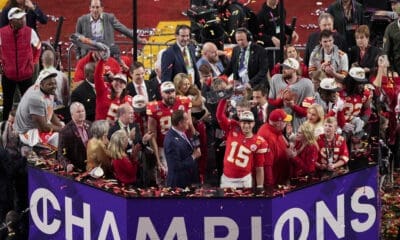 Kansas City Chiefs quarterback Patrick Mahomes (15) lifts the Vince Lombardi Trophy after the team's victory over the San Francisco 49ers in the NFL Super Bowl 58 football game Sunday, Feb. 11, 2024, in Las Vegas. (AP Photo/David J. Phillip)