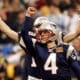 FILE - In this Feb. 1, 2004, file photo, New England Patriots kicker Adam Vinatieri celebrates his game-winning field goal with teammate Ken Walter, rear, during the final seconds of their 32-29 victory over the Carolina Panthers in Super Bowl XXXVIII on Sunday, Feb. 1, 2004, at Reliant Stadium in Houston. The Patriots won 32-29. (AP Photo/Dave Martin, File)