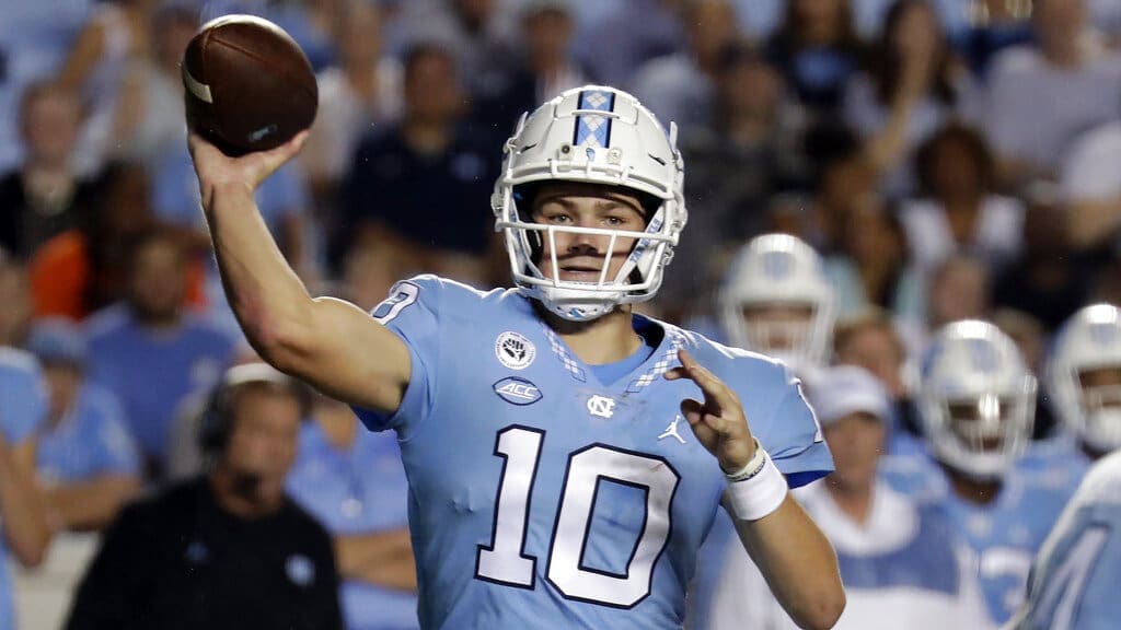 2024 NFL Draft prospect, North Carolina's Drake Maye (10) passes against Florida A&M during the first half of an NCAA college football game in Chapel Hill, N.C., Saturday, Aug. 27, 2022 (AP Photo/Chris Seward)