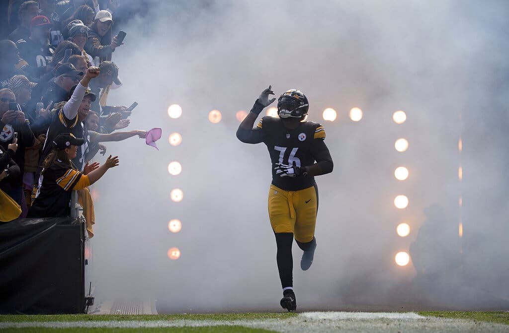 Pittsburgh Steelers offensive tackle Chukwuma Okorafor (76) takes the field during player introductions before an NFL football game against the Tampa Bay Buccaneers in Pittsburgh, Sunday, Oct. 16, 2022. Okorafor is now with the New England Patriots. (AP Photo/Justin Berl)