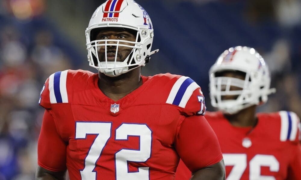 New England Patriots offensive tackle Tyrone Wheatley Jr. (72) warms up before an NFL football game against the Miami Dolphins, Sunday, Sept. 17, 2023, in Foxborough, Mass. (AP Photo/Michael Dwyer)