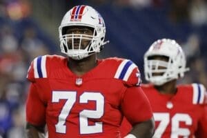 New England Patriots offensive tackle Tyrone Wheatley Jr. (72) warms up before an NFL football game against the Miami Dolphins, Sunday, Sept. 17, 2023, in Foxborough, Mass. (AP Photo/Michael Dwyer)