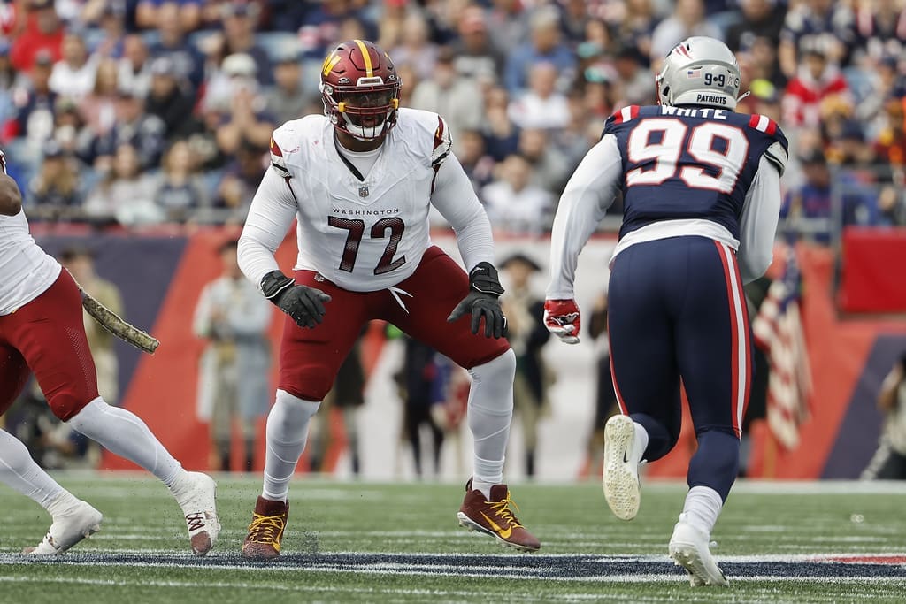 Washington Commanders offensive tackle Charles Leno Jr. looks to block against the New England Patriots during an NFL football game at Gillette Stadium, Sunday Nov. 5, 2023 in Foxborough, Mass. (Winslow Townson/AP Images for Panini)