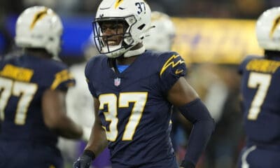 Los Angeles Chargers safety Jaylinn Hawkins walks on the sideline during an NFL football game against the Baltimore Ravens Monday, Nov. 27, 2023, in Inglewood, Calif. (AP Photo/Ashley Landis)