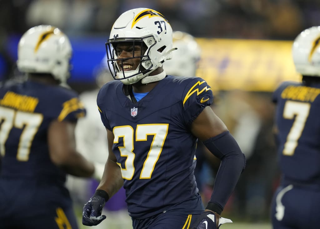 Los Angeles Chargers safety Jaylinn Hawkins walks on the sideline during an NFL football game against the Baltimore Ravens Monday, Nov. 27, 2023, in Inglewood, Calif. (AP Photo/Ashley Landis)