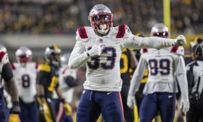 New England Patriots linebacker Anfernee Jennings (33) reacts after a tackle during an NFL football game, Thursday, Dec. 7, 2023, in Pittsburgh. (AP Photo/Matt Durisko)