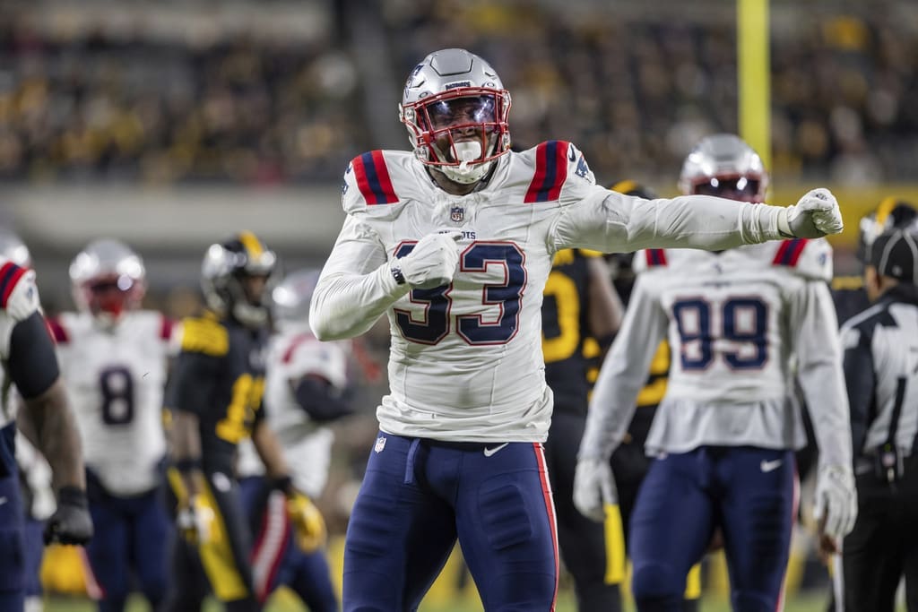 New England Patriots linebacker Anfernee Jennings (33) reacts after a tackle during an NFL football game, Thursday, Dec. 7, 2023, in Pittsburgh. (AP Photo/Matt Durisko)