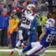 New England Patriots cornerback Alex Austin (28) intercepts pass during an NFL football game, Sunday, Dec. 31, 2023, in Orchard Park, NY. (AP Photo/Matt Durisko)